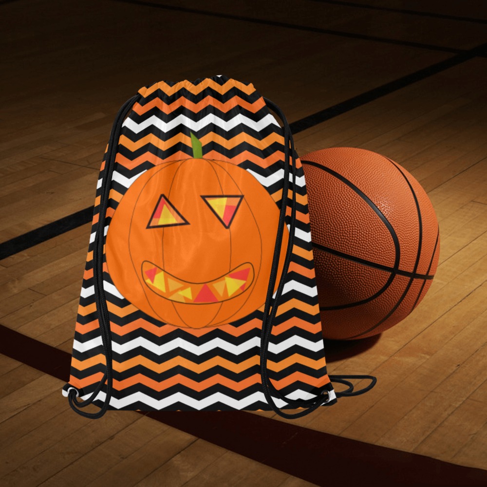Halloween Chevron with Pumpkin Medium Drawstring Bag Model 1604 (Twin Sides) 13.8"(W) * 18.1"(H)