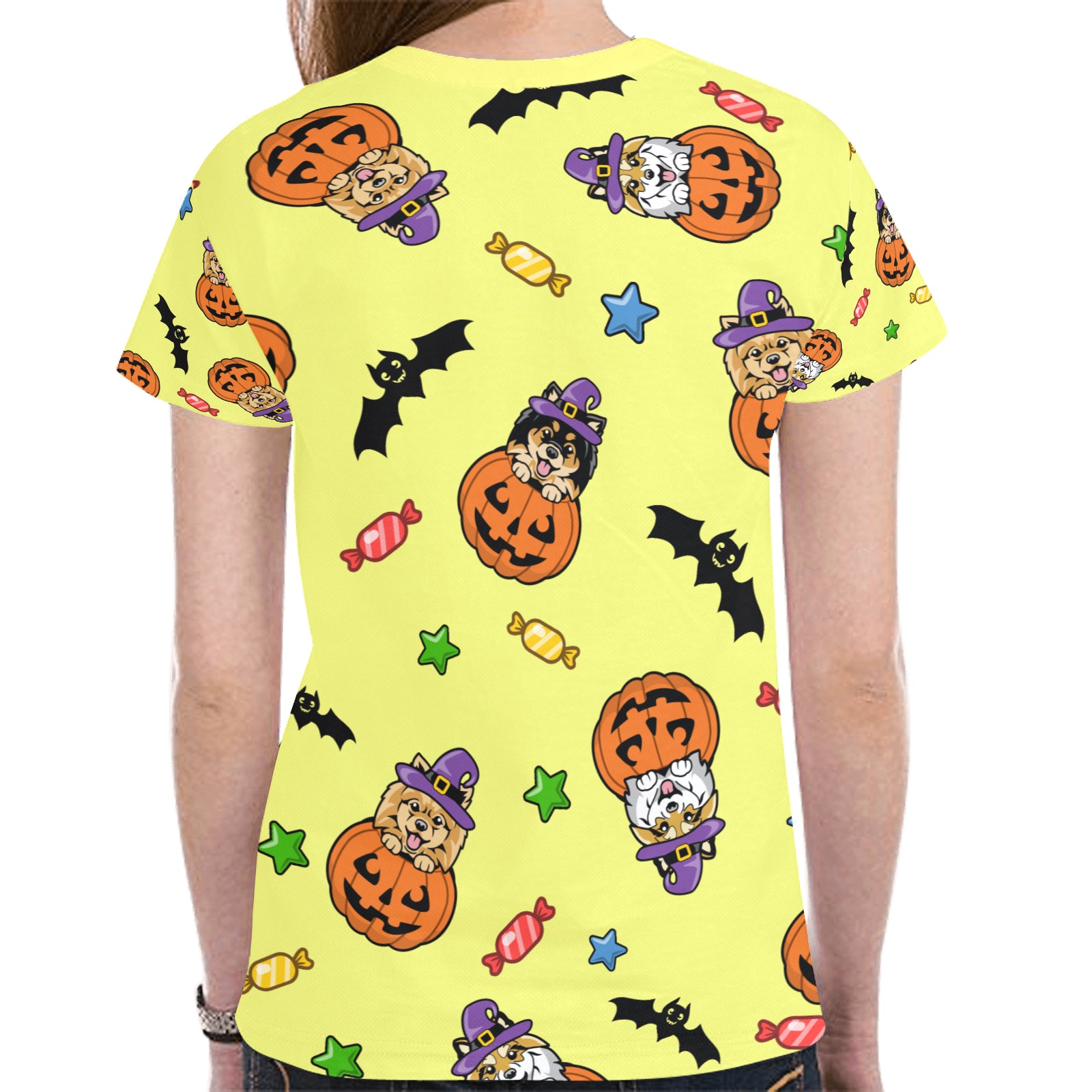 Pomeranian Halloween Yellow Pattern New All Over Print T-shirt for Women (Model T45)