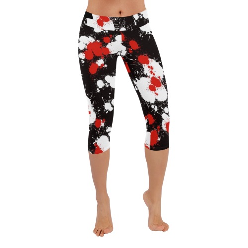 Black, White and Red Paint Splatter Women's Low Rise Capri Leggings (Invisible Stitch) (Model L08)