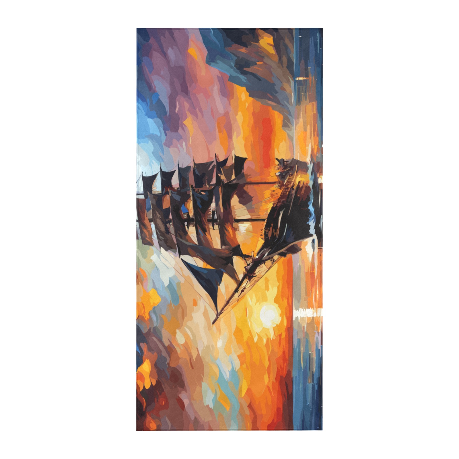 Cool pirate ship by the island at dramatic sunset. Beach Towel 32"x 71"
