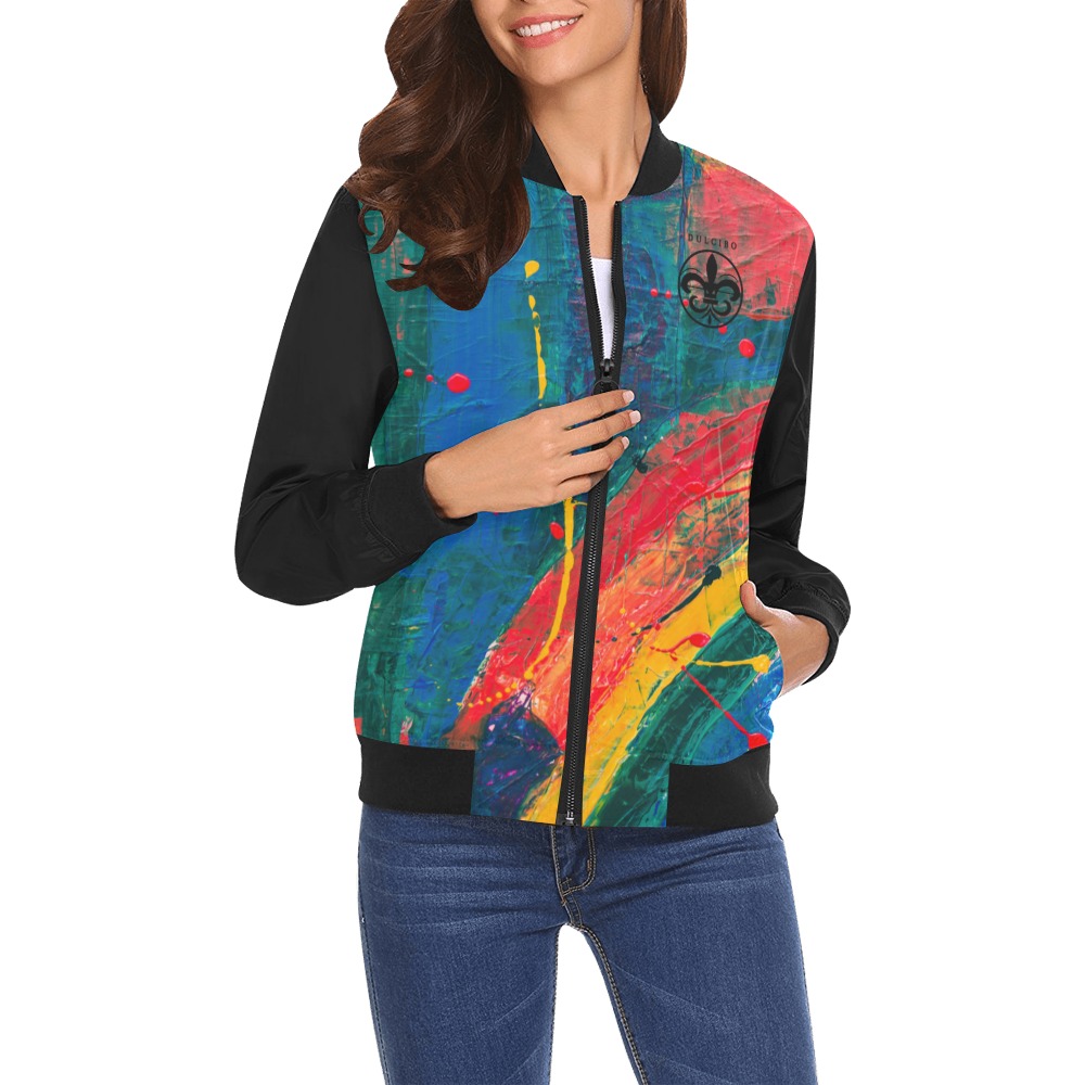Dulcibo Multicolour Women's Bomber Jacket All Over Print Bomber Jacket for Women (Model H19)