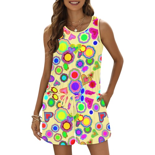 Groovy Hearts and Flowers Yellow All Over Print Vest Short Jumpsuit