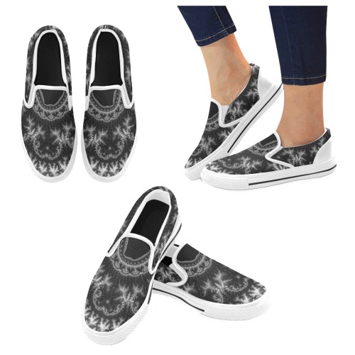 Silver Lace Collar Fractal Abstract Slip-on Canvas Shoes for Kid (Model 019)