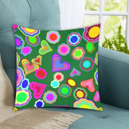 Groovy Hearts Flowers Pattern Green Custom Zippered Pillow Cases 18"x18" (Two Sides)