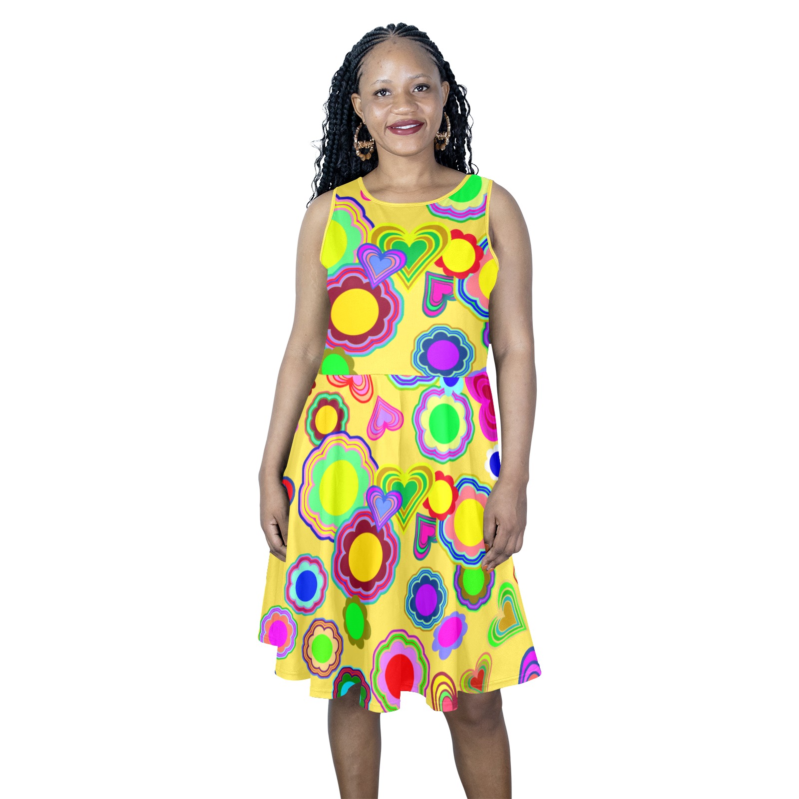 Groovy Hearts and Flowers Yellow Sleeveless Expansion Dress (Model D60)