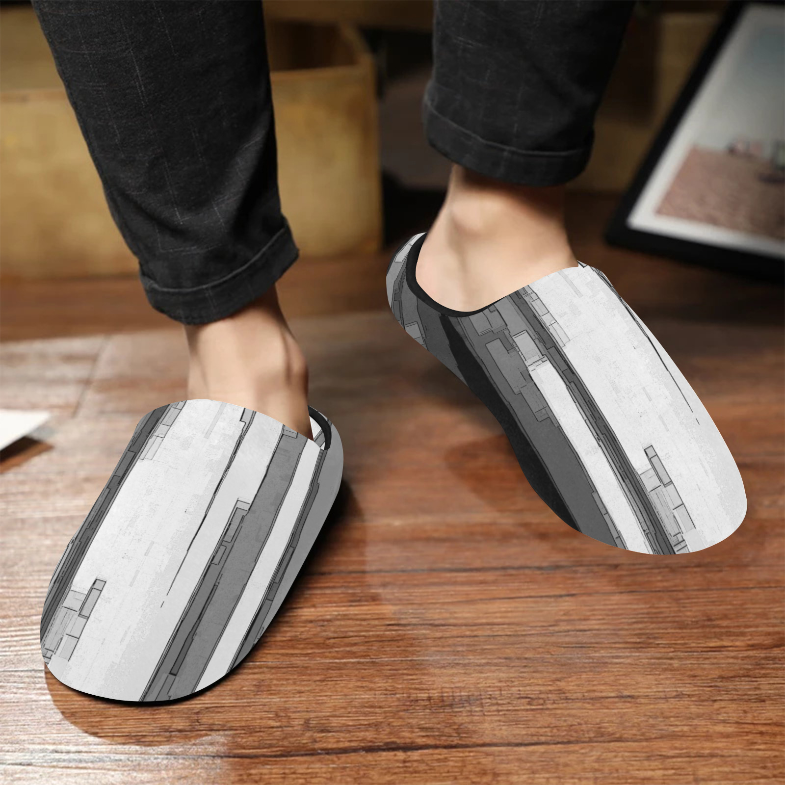 Greyscale Abstract B&W Art Men's Non-Slip Cotton Slippers (Model 0602)