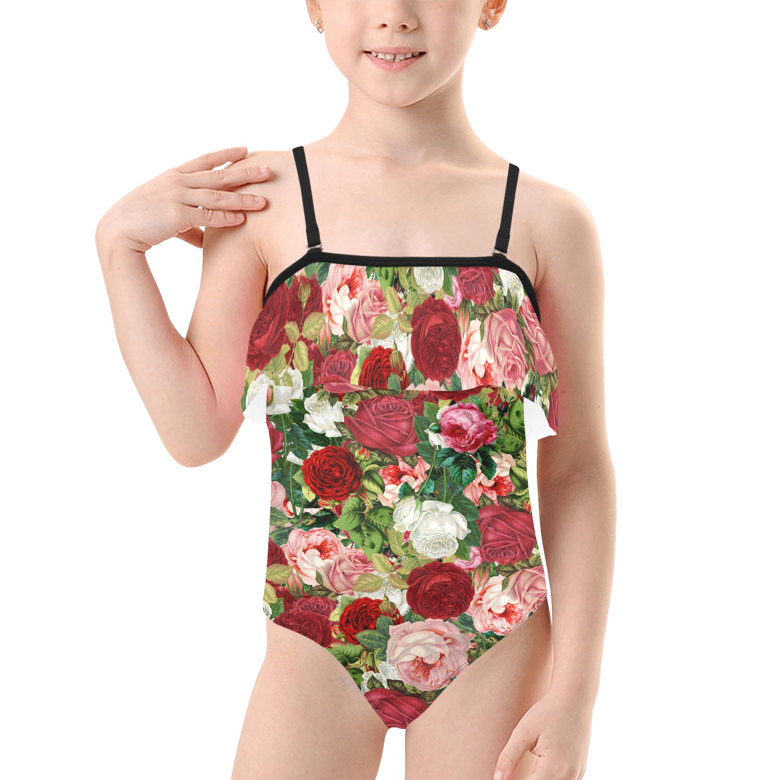 Roses Carnations Vintage Flowers Kids' Spaghetti Strap Ruffle Swimsuit (Model S26)
