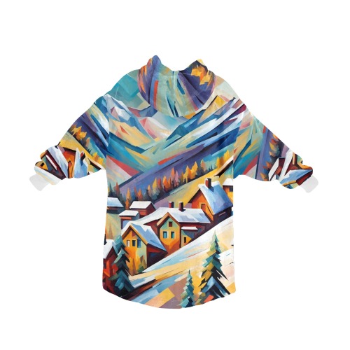 Fantasy mountain village skiing destination art Blanket Hoodie for Men