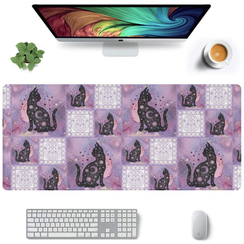 Purple Cosmic Cats Patchwork Pattern Gaming Mousepad (35"x16")