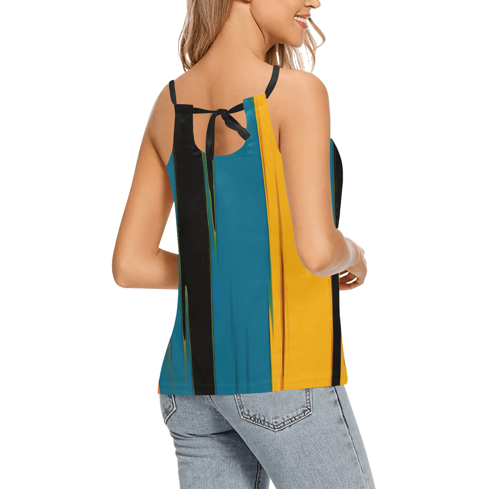 Black Turquoise And Orange Go! Abstract Art Loose Fit Halter Neck Top (Model T68)