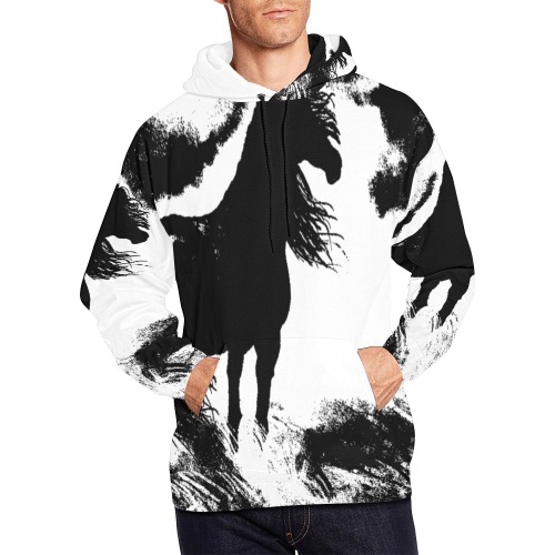 Horse Long Hair - Black - Clouds - Grass Transparent All Over Print Hoodie for Men (USA Size) (Model H13)