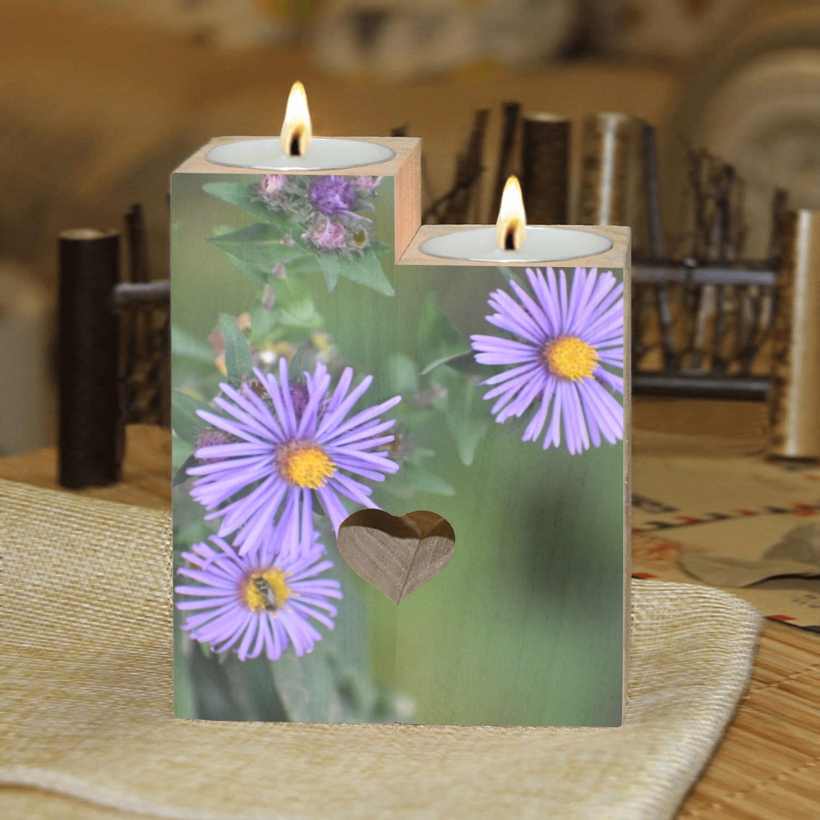 Purple Flowers Wooden Candle Holder (Without Candle)