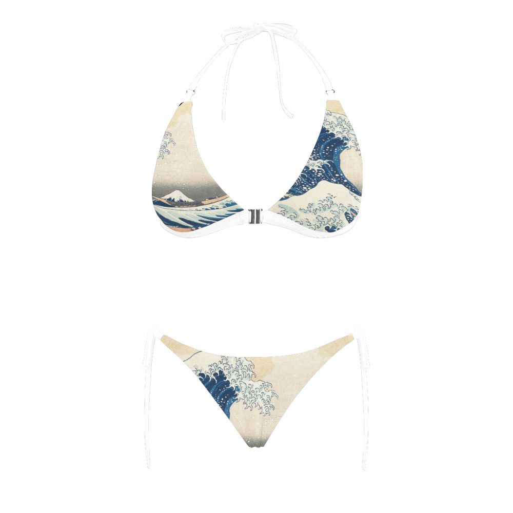 The Classic Japanese Great Wave off Kanagawa by Hokusai Buckle Front Halter Bikini Swimsuit (Model S08)