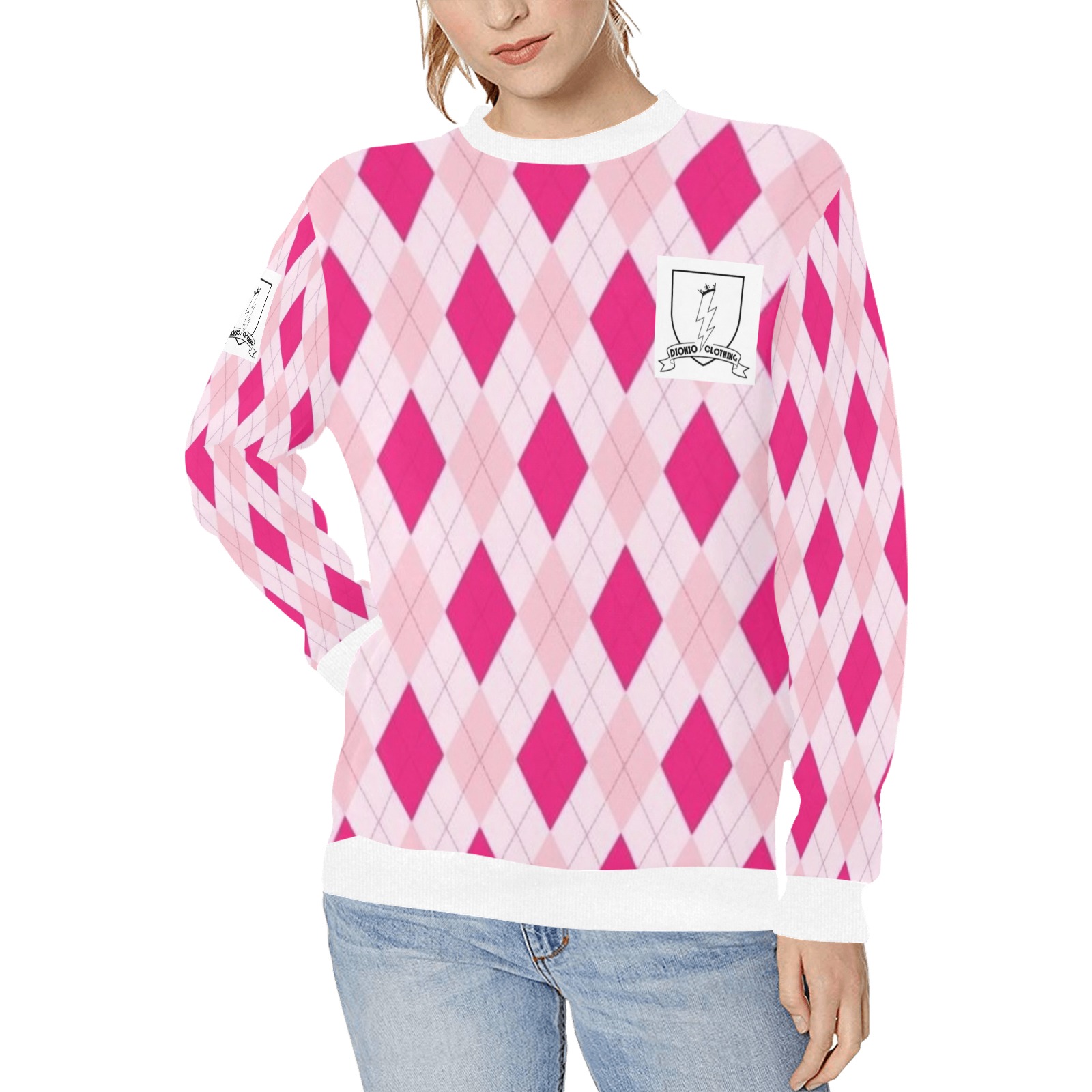 DIONIO Clothing - Women's Argyle Sweatshirt (Red,Pink & White) Women's Rib Cuff Crew Neck Sweatshirt (Model H34)