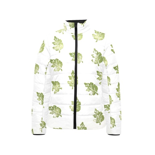 Light Green Leaves Pattern Women's Stand Collar Padded Jacket (Model H41)