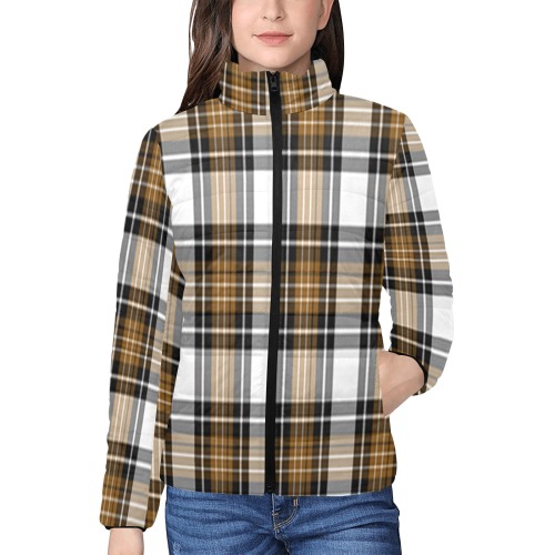 Brown Black Plaid Women's Stand Collar Padded Jacket (Model H41)