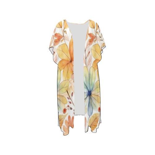 Watercolor Floral 2 Mid-Length Side Slits Chiffon Cover Ups (Model H50)