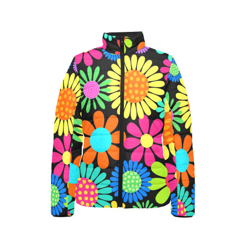 Retro Daisy Flower Power Sixties Hippy Pattern Women's Stand Collar Padded Jacket (Model H41)