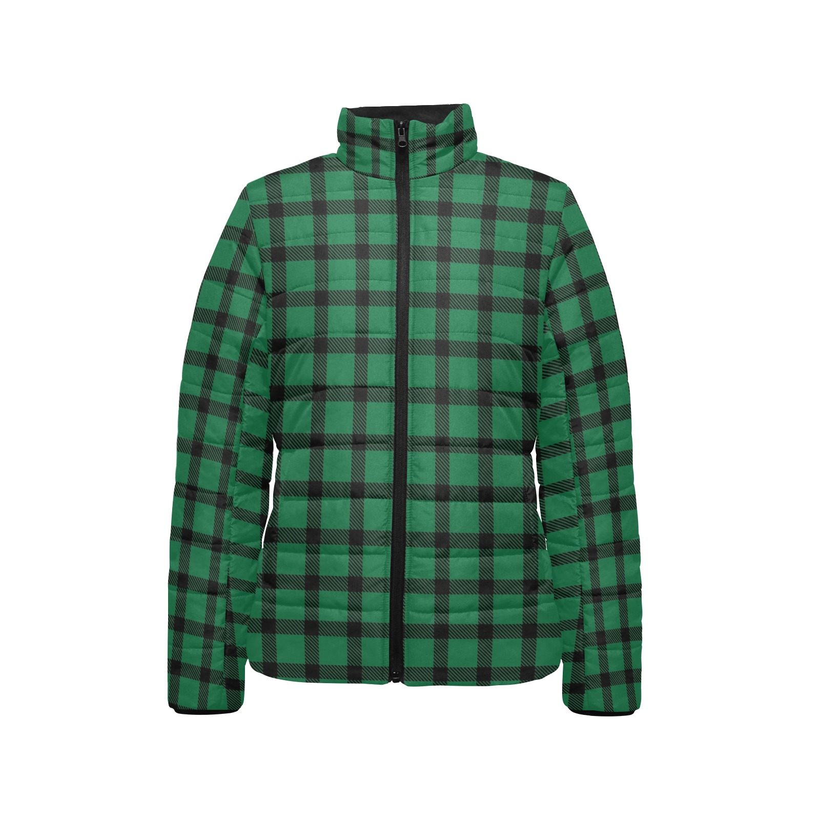 Green and Black Plaid Women's Stand Collar Padded Jacket (Model H41)