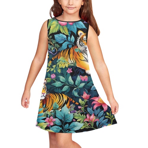 Jungle Tigers and Tropical Flowers Girls' Sleeveless Dress (Model D58)