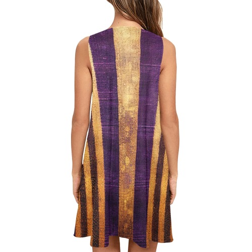 vertical striped pattern, violet and gold Sleeveless A-Line Pocket Dress (Model D57)