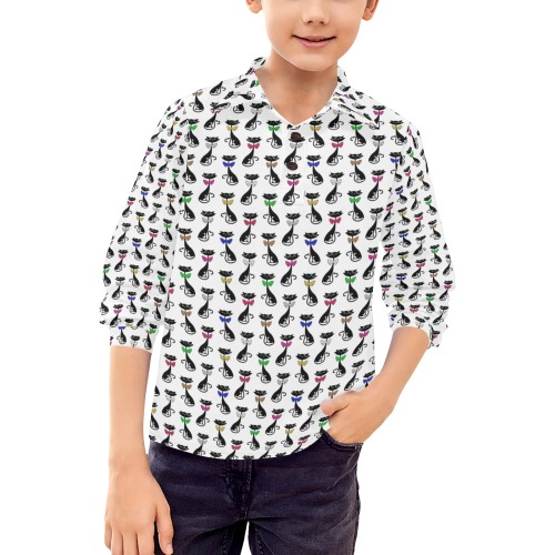 Black Cats Wearing Bow Ties Big Boys' All Over Print Long Sleeve Polo Shirt (Model T73)