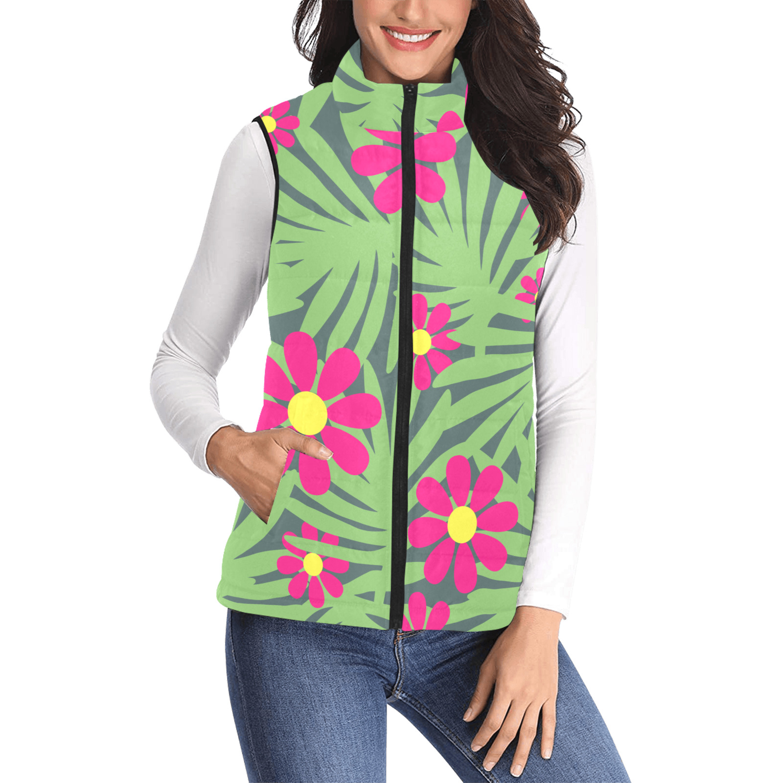 Pink Exotic Paradise Jungle Flowers and Leaves Women's Padded Vest Jacket (Model H44)
