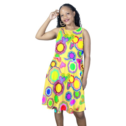 Groovy Hearts and Flowers Yellow Sleeveless Expansion Dress (Model D60)