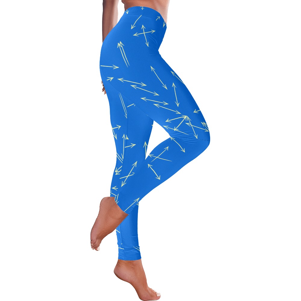 Arrows Every Direction Yellow on Blue Women's Low Rise Leggings (Invisible Stitch) (Model L05)