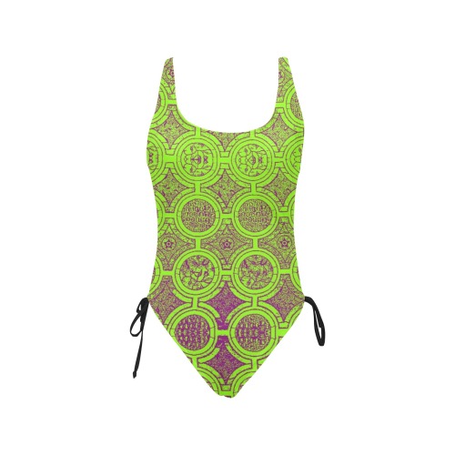 AFRICAN PRINT PATTERN 2 Drawstring Side One-Piece Swimsuit (Model S14)