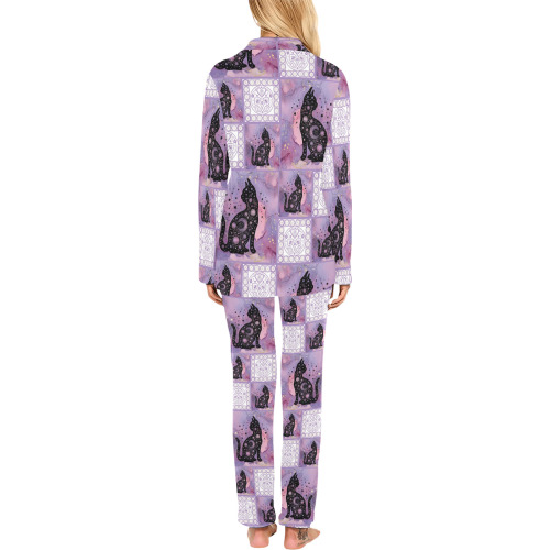 Purple Cosmic Cats Patchwork Pattern Women's Long Pajama Set