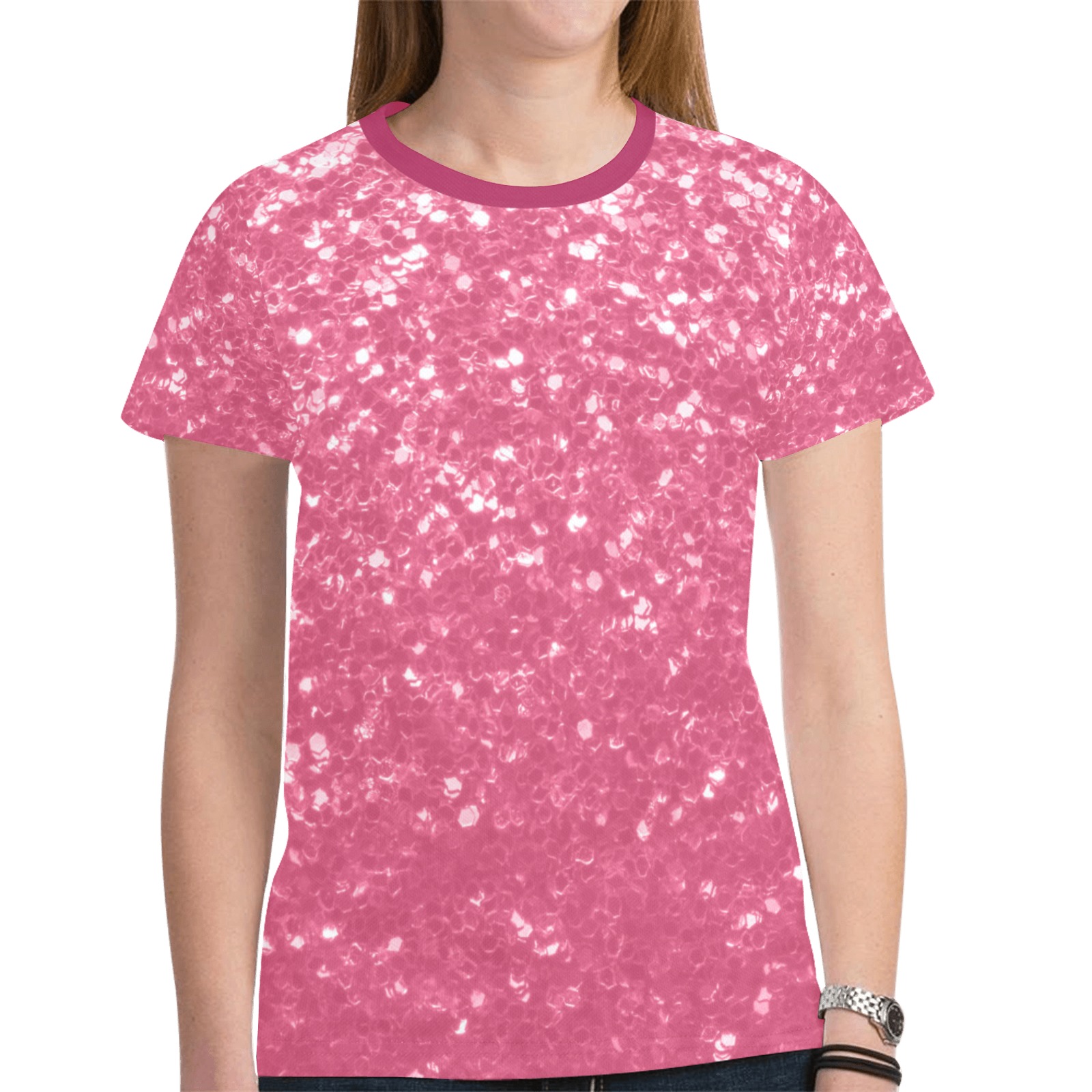 Magenta light pink red faux sparkles glitter New All Over Print T-shirt for Women (Model T45)