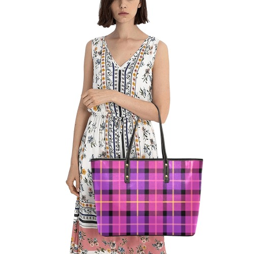 Plaid in Pink and Purple Chic Leather Tote Bag (Model 1709)