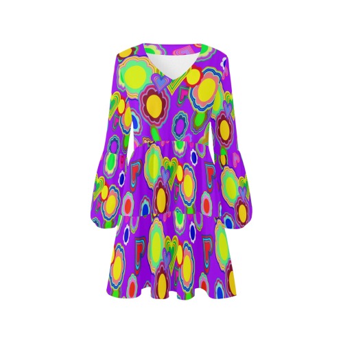 Groovy Hearts and Flowers Purple V-Neck Loose Fit Dress (Model D62)