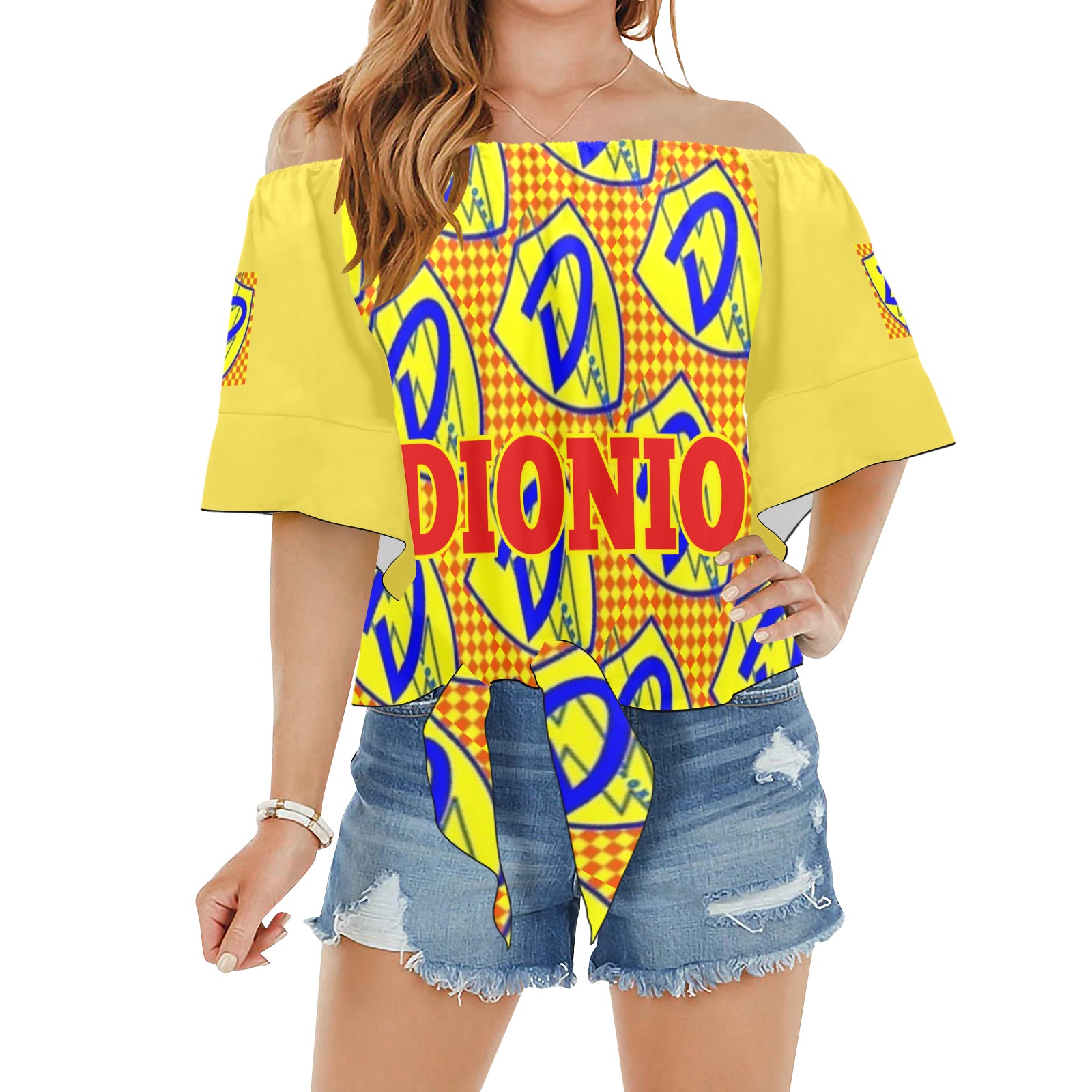 DIONIO Clothing - Women's Off Shoulder Knot Blouse (Yellow Grand Prix Logo) Off Shoulder Knot Front Blouse (Model T71)