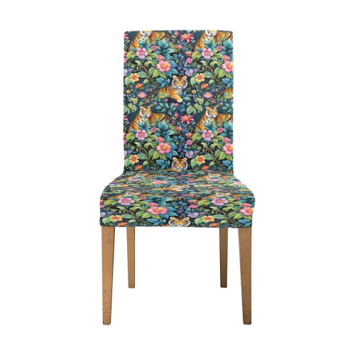 Jungle Tigers and Tropical Flowers Pattern Removable Dining Chair Cover
