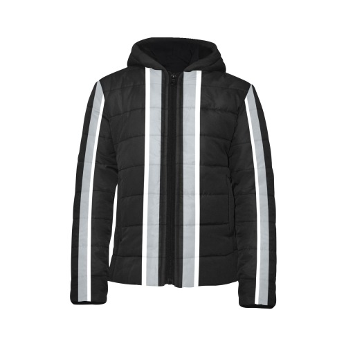 Black and Silver Racing Stripe Black Kids' Padded Hooded Jacket (Model H45)