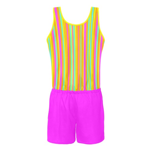 Neon Stripes Tangerine Turquoise Yellow Pink All Over Print Vest Short Jumpsuit