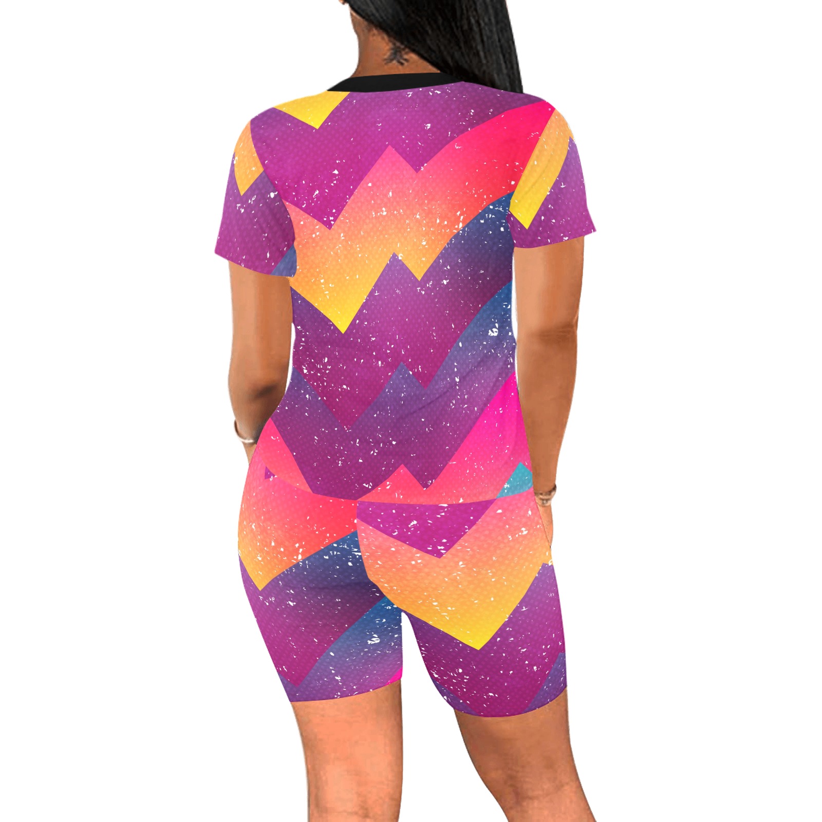 bright geometric seamless pattern with grunge effect_298851920.jpg Women's Short Yoga Set