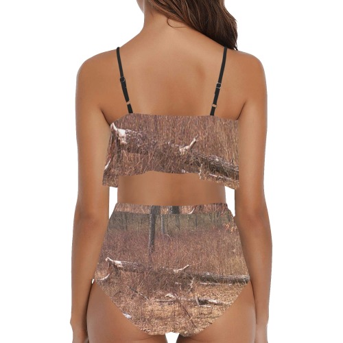 Falling tree in the woods High Waisted Ruffle Bikini Set (Model S13)