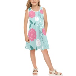 Sweet Pink, Green and White Floral Girls' Sleeveless Sundress (Model D56)