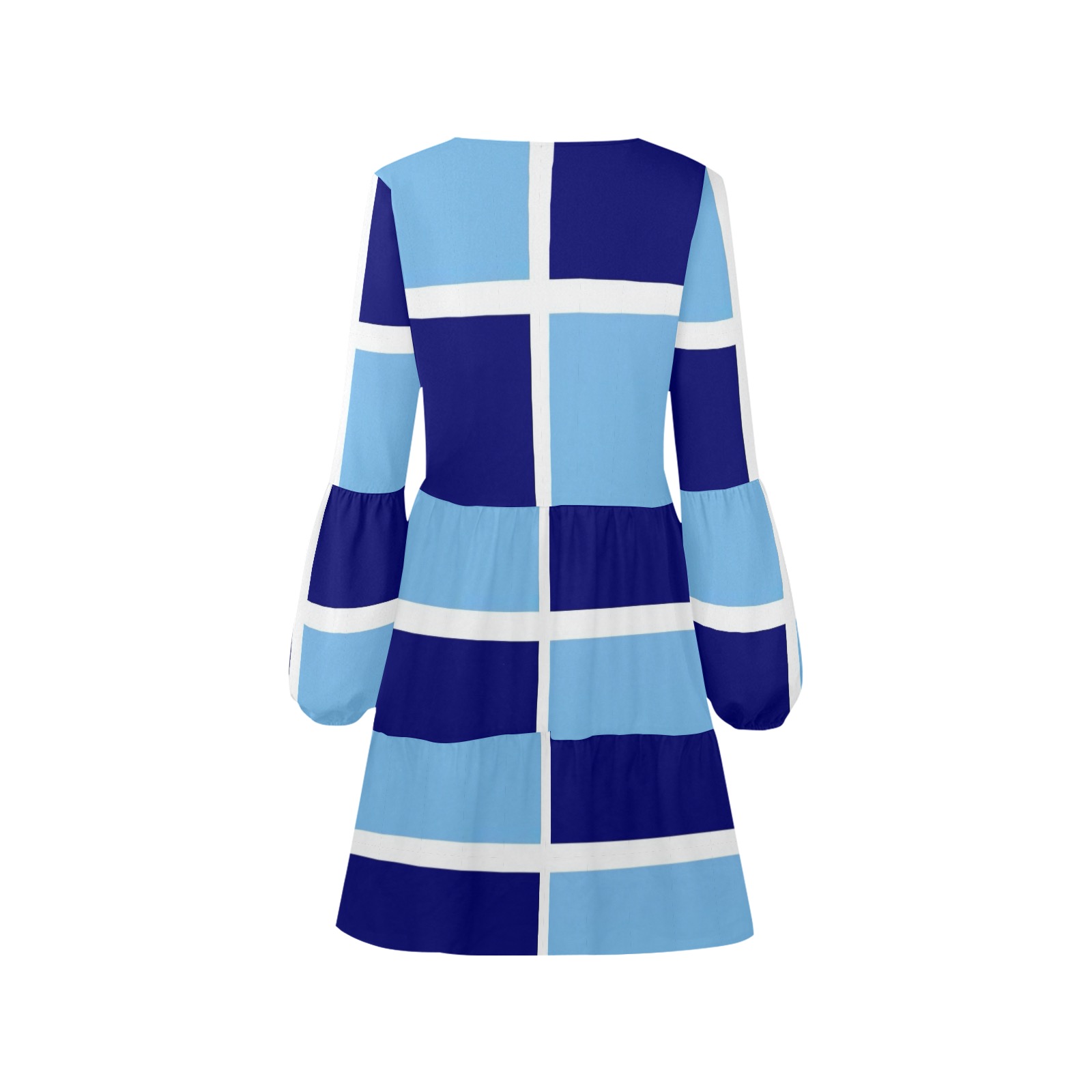 Light Blue and Navy Squares V-Neck Loose Fit Dress (Model D62)