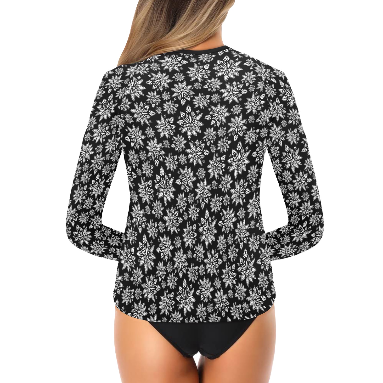 Creekside Floret small pattern black white Women's Long Sleeve Swim Shirt (Model S39)