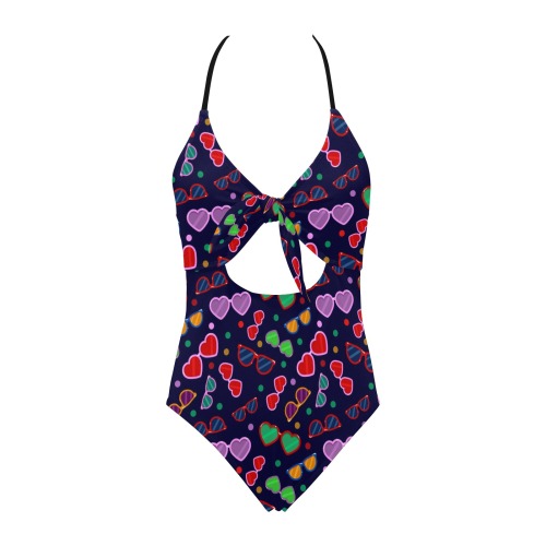 Sunglasses Halter Style with Tie Front One Piece Swimsuit Mommy and Me Backless Hollow Out Bow Tie Swimsuit (Model S17)