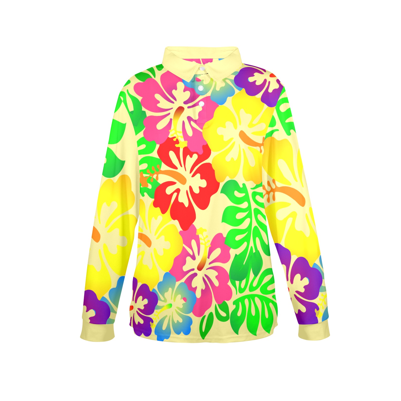Hibiscus Hawaiian Flowers / Yellow Women's Long Sleeve Polo Shirt (Model T73)