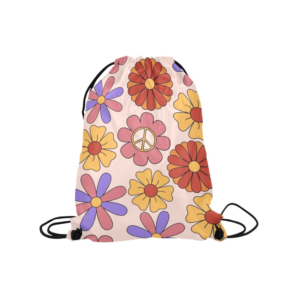Hippie Mod Retro Flowers Medium Drawstring Bag Model 1604 (Twin Sides) 13.8"(W) * 18.1"(H)
