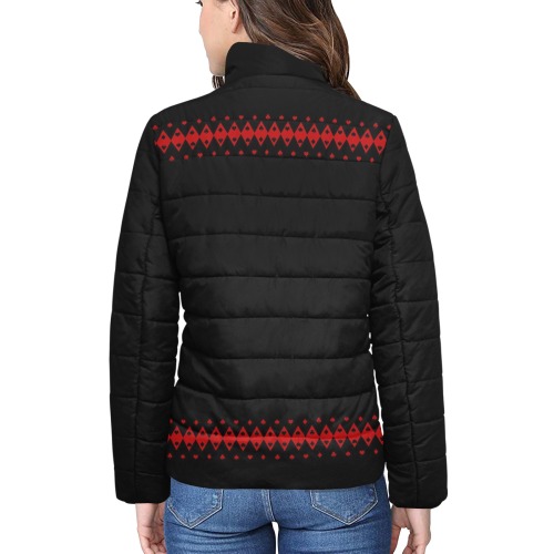 Black Red Playing Card Shapes / Black Women's Stand Collar Padded Jacket (Model H41)
