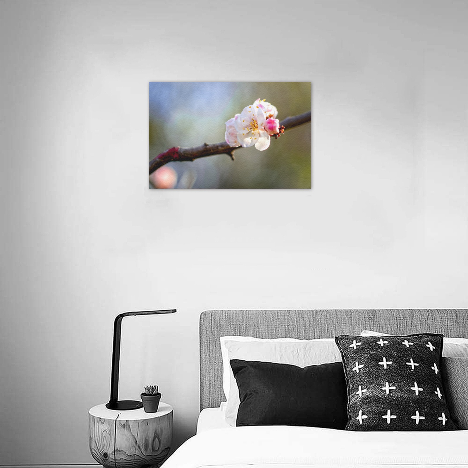 Minimalism of Japanese apricot branch and flowers. Upgraded Canvas Print 18"x12"
