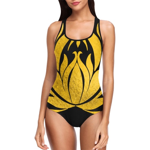 Golden Lotus Flower on Black Vest One Piece Swimsuit (Model S04)