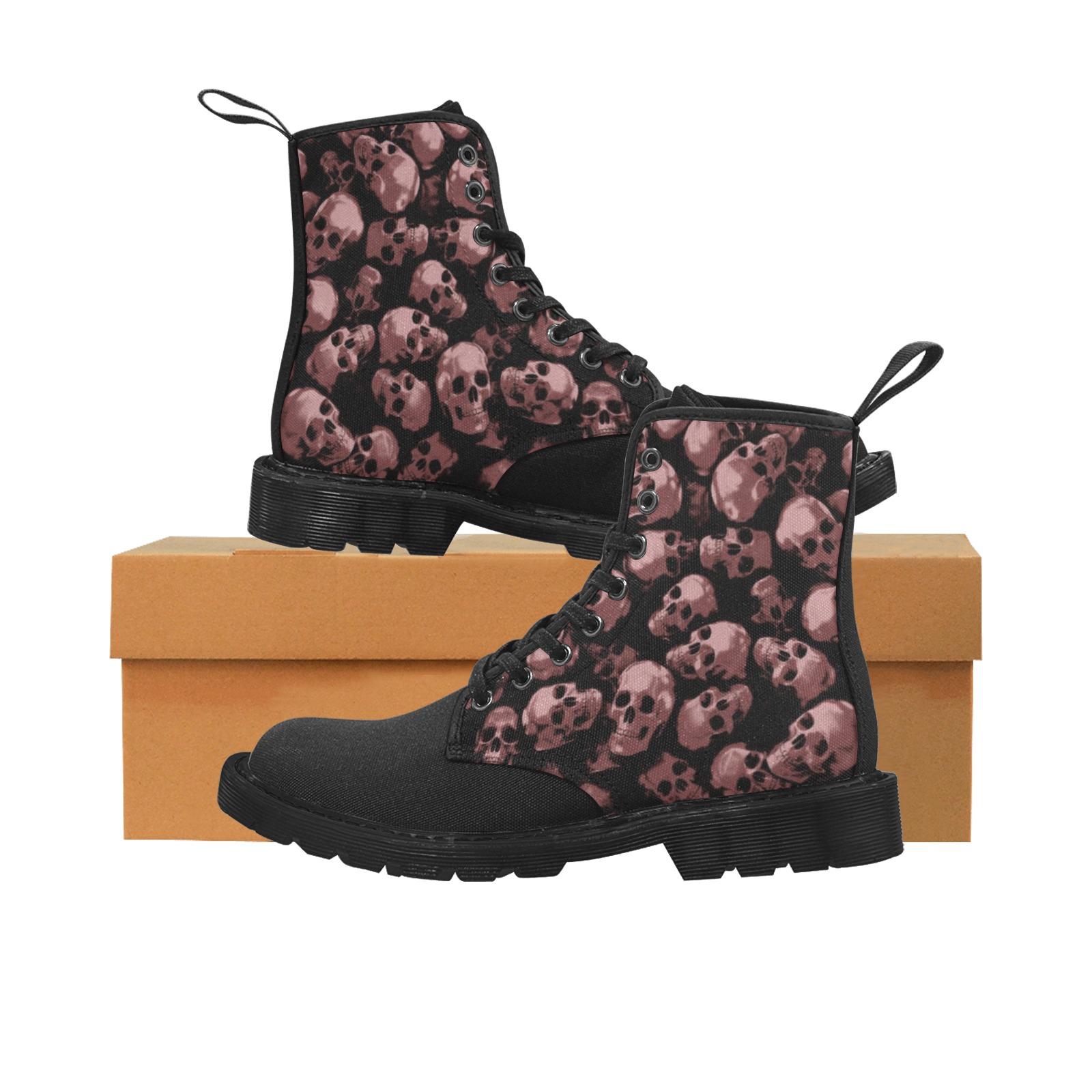 SKULLS - PINK Martin Boots for Women (Black) (Model 1203H)